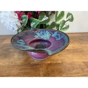 Studio Art Pottery Ikebana Flower Frog Bowl – Purple Blue‎ Drip Glaze Signed JB